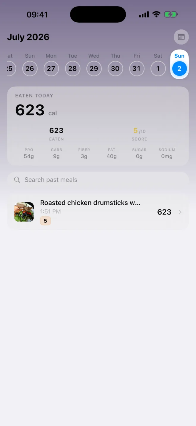 Caloza Home screen showing calories eaten, meal quality score, six nutrient totals, search, and a meal timeline.