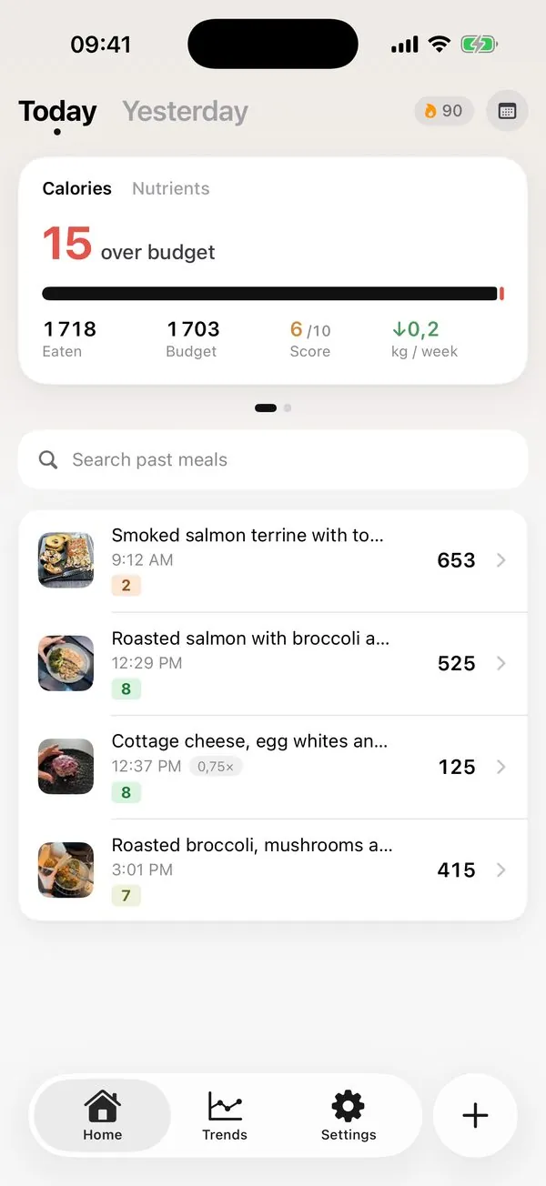 Caloza Home: calories eaten against budget