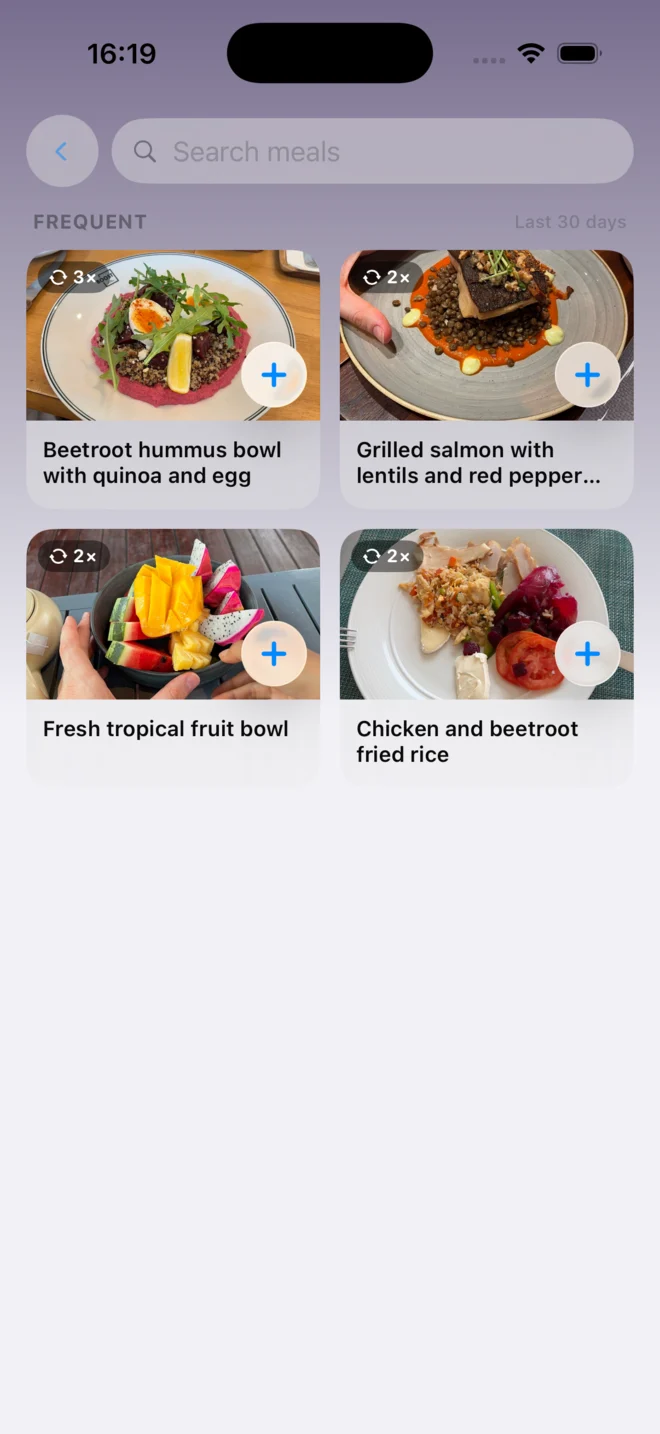 Caloza Search screen showing four frequently logged meals, repeat counts, and one-tap add buttons.
